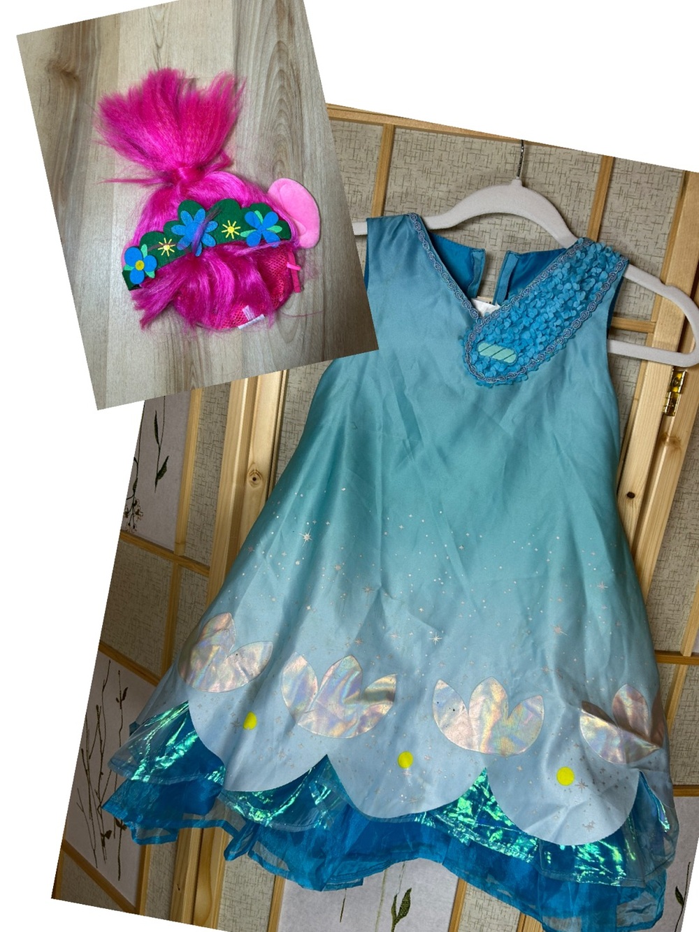Trolls Aqua Blue Shimmer Dress with Hot Pink Hairpiece